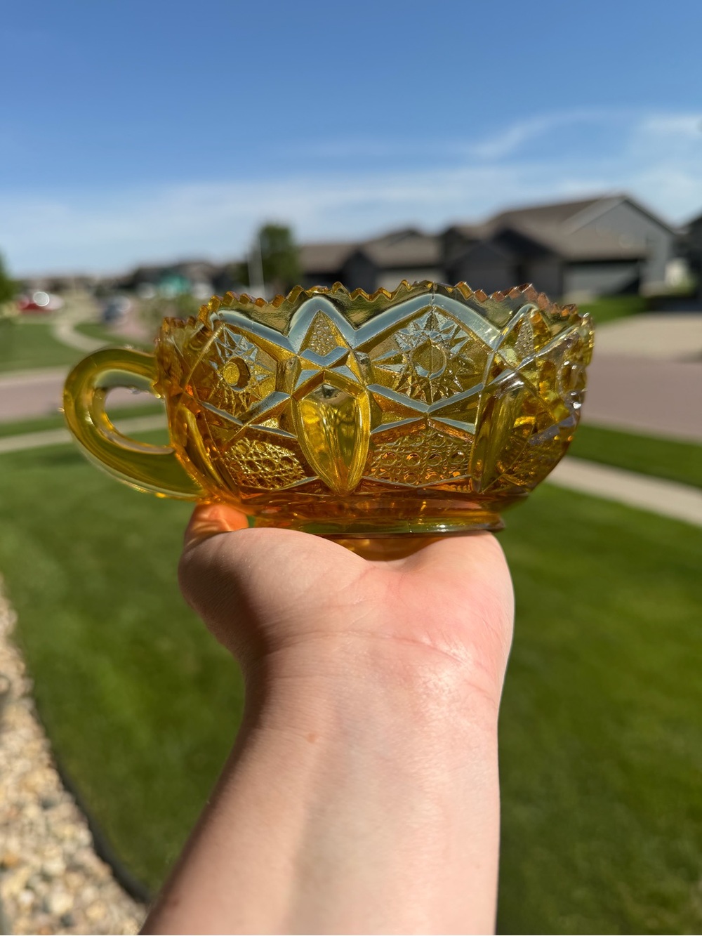 Yellow Pressed Glass Decorative Bowl with Handle
